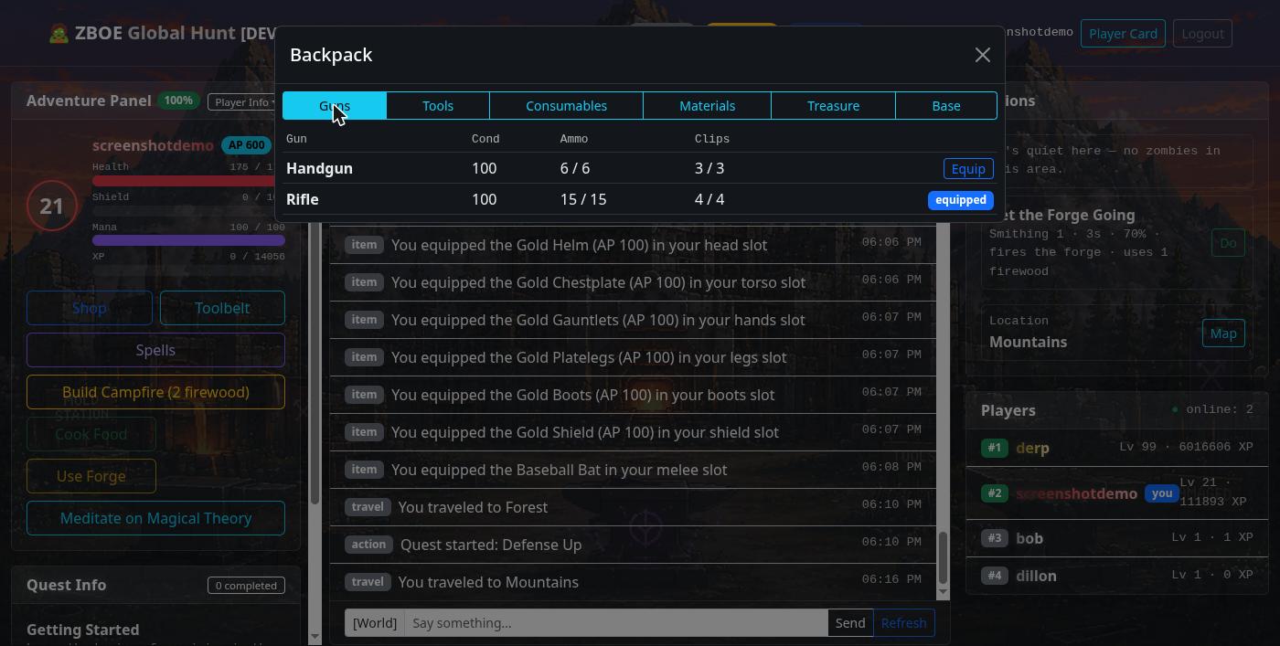 The Backpack inventory modal