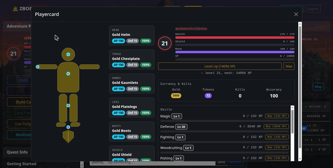 The in-game Playercard modal showing the paperdoll and stats